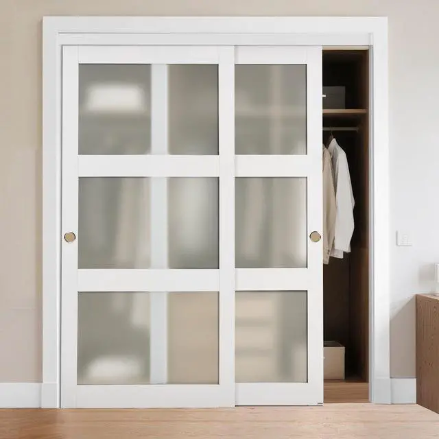 Main image of VEVOR Sliding Closet Door, 72" (Double 37") x 80", 3-Lite Frosted Glass Bypass Sliding Doors with Hardware Kit & Floor Guide, Solid Wood & MDF Slab with Water-Proof PVC Surface for Closets Bedrooms