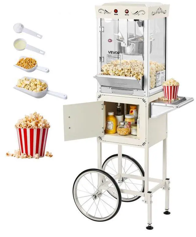 Main image of VEVOR Popcorn Machine with Cart, 8oz Stainless Steel Kettle, 800W Commercial Popcorn Maker, 48 Cups per Batch Theater Style Popper, with 2-Button Control Glass Wall PC Door 1 Scoop 3 Spoons, White