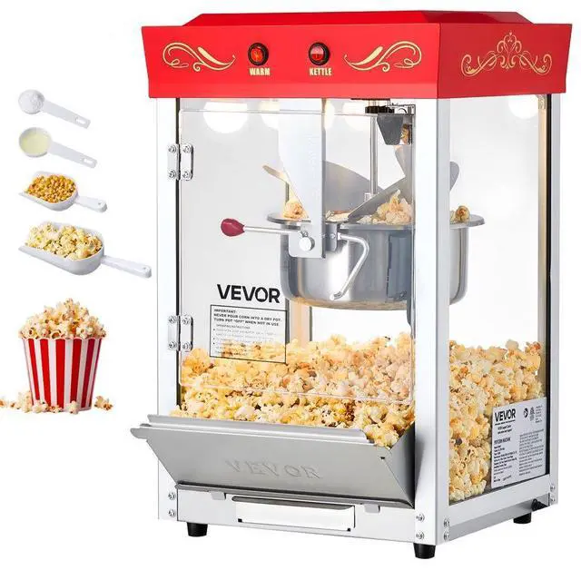Main image of VEVOR Popcorn Machine, 8oz Stainless Steel Kettle, 800W Commercial Countertop Popcorn Maker, 48 Cups per Batch Theater Style Popper, with 2-Button Control Glass Wall PC Door 1 Scoop 3 Spoons, Red