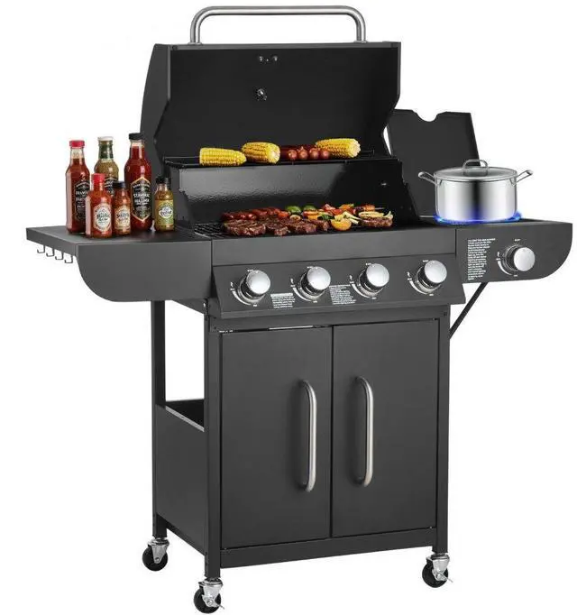 Main image of VEVOR Gas Grill, 4 Burner Propane Gas Grill with Side Burner, 425 SQ.In Grilling Area, Carbon Steel Enamel Grates, Outdoor 52,000 BTU Patio Garden BBQ Grills with Two Side Shelves, Carbon Steel