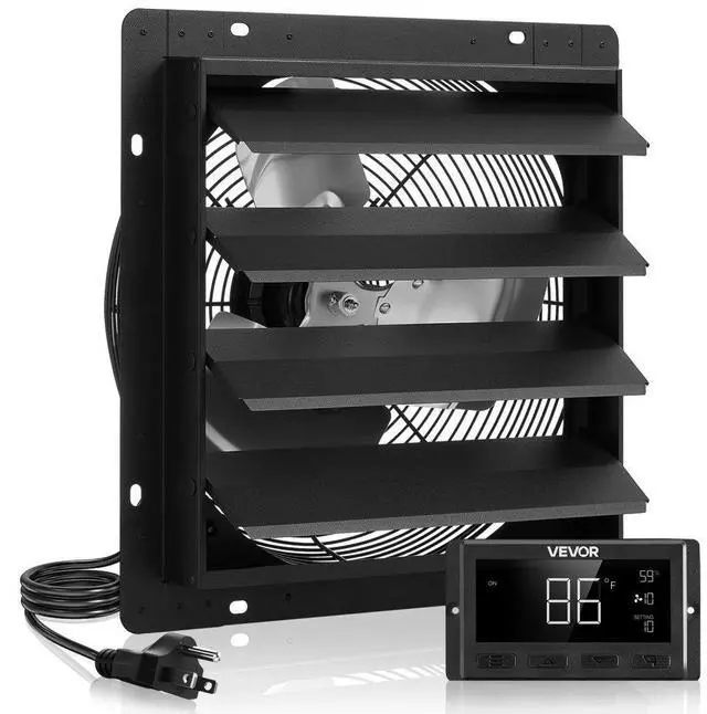 Main image of VEVOR 14 inch Shutter Exhaust Fan, Wall Mounted Attic Vent Fan with Smart Programming Variable Speed Temperature Control, 2000 CFM,EC Motor,Timer, for Shed,Garage,Greenhouse Ventilation Cooling,Black