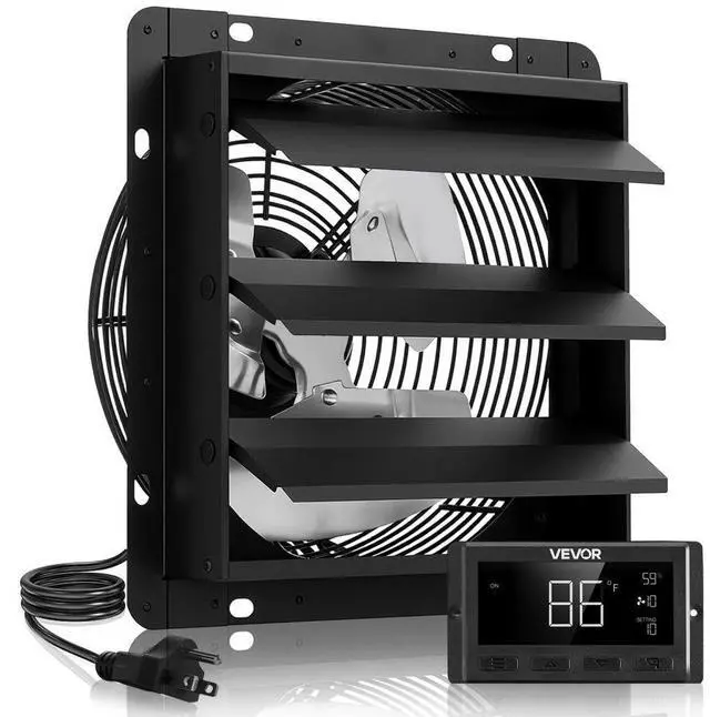 Main image of VEVOR 12 inch Shutter Exhaust Fan, Wall Mounted Attic Vent Fan with Smart Programming Variable Speed Temperature Control, 1500 CFM,EC Motor,Timer, for Shed,Garage,Greenhouse Ventilation Cooling,Black