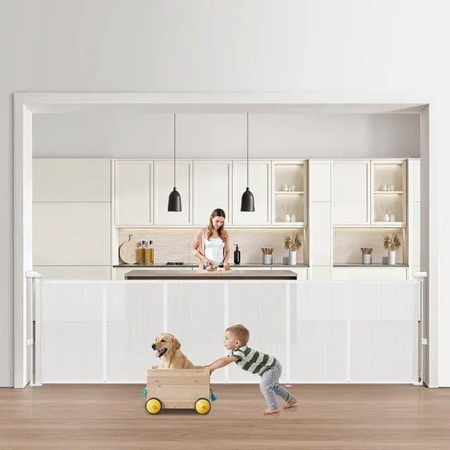 Main image of VEVOR Retractable Baby Gate, 34 inch Tall, Extends up to 110 inch Wide, Retractable Gate for Kids or Pets, Mesh Material, Easy to Install for Indoor Stairs, Doorways, Hallways, Playrooms, White
