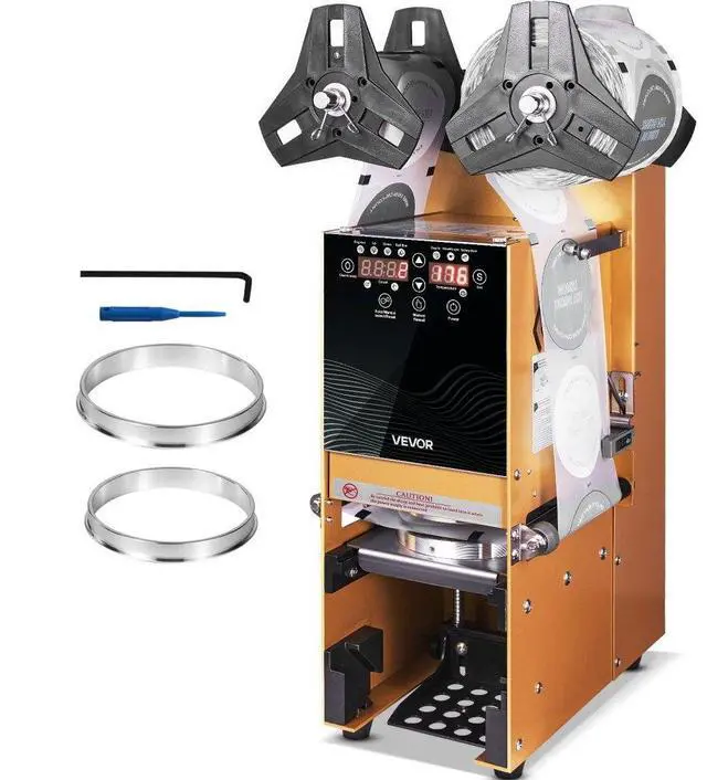 Main image of VEVOR Fully Automatic Cup Sealing Machine, 500-650 Cups/H, Cup Sealer Machine for 180 mm Tall & 90/95 mm Cup, Electric Boba Tea Sealer with Digital Control LCD Panel for Bubble Milk Tea Coffee, Gold