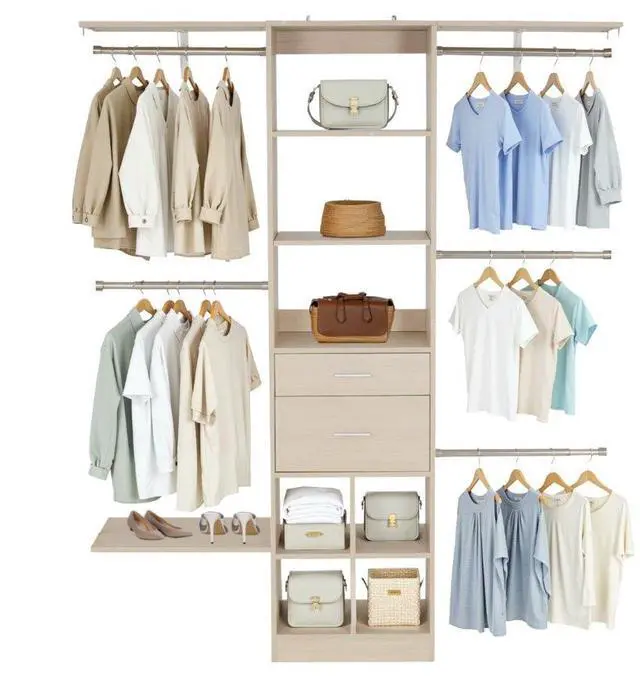 Main image of VEVOR Closet System with 2 Drawers, Adjustable Height Wooden Closet Organizers, Modern Walk-in Wardrobe Organization with 5 Retractable Clothes Hanger Rods, Freestanding Garment Rack Storage, Grey