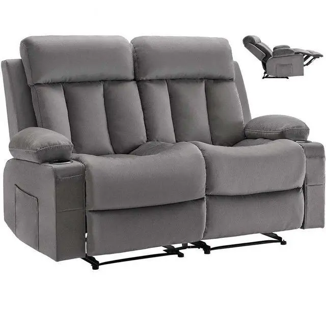Main image of VEVOR Loveseat Recliner Sofa, Power Reclining Couch with Heating and Massage, Soft Velvet Electric Recliner Sofa with USB Ports, Cup Holders and Side Bags, Dual Loveseat Chair for Living Room, Grey