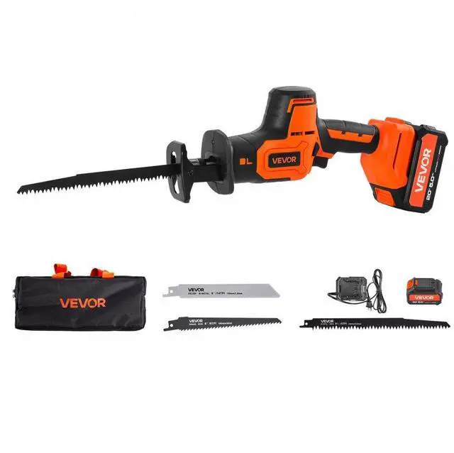 Main image of VEVOR Cordless Reciprocating Saw, 20 V, 3000 SPM Variable Speed, 1 inch Stroke Length, Electric Reciprocating Saw with Battery, Charger, 8 Blades, and Carrying Bag, for Wood, Metal and Plastic Cutting