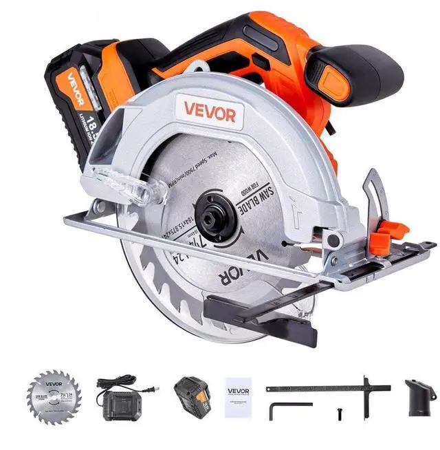 Main image of VEVOR Cordless Circular Saw, 7-1/4 inch Blade, 5000 RPM Speed, 0-45 Degree Bevel Capability, Brushless Motor, LED Light, Electric Circular Saw Kit with Battery and Charger Included, for Wood Cutting