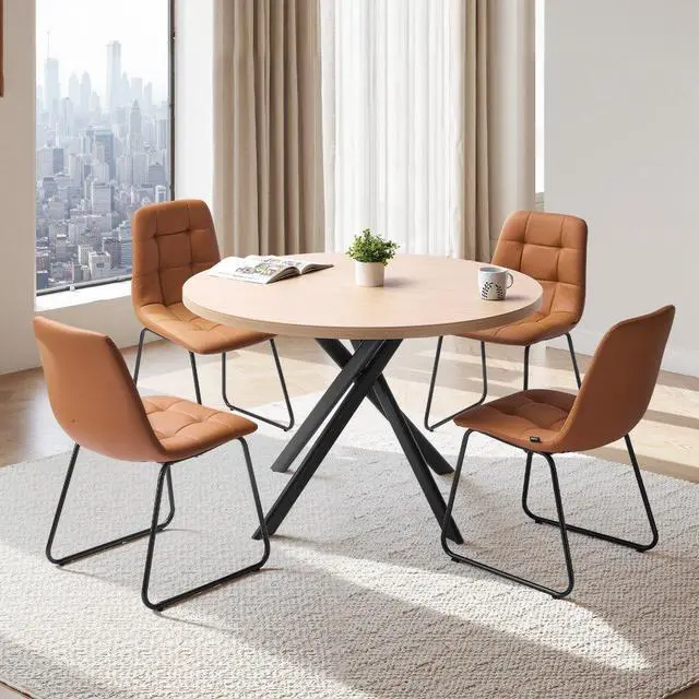 Main image of VEVOR 5-Piece Dining Table Set, Space-Saving Round Kitchen Table with 4 Upholstered Orange Chairs, PU Leather Cushions, Modern Wood-Tone Desk with Adjustable Foot Pads for Dining Room, Small Spaces
