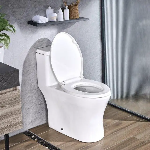 Main image of VEVOR One-Piece Toilet, Elongated Toilet Vortex Dual-Flush 1.0/1.28 GPF, Toilets for Bathroom with Comfortable Chair Seat, Standard Height, Easy-Clean Skirted Design, 12 inch Rough-In, White + Black