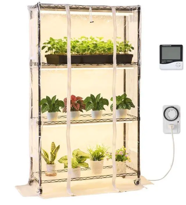 Main image of VEVOR Indoor Greenhouse with Grow Light, 59 in Tall 4-Tier Plant Stand with Clear Cover, Timer & Hygrometer, 180W Full Spectrum Grow Lights, Metal Lighted Plants Shelf Holder for Indoor Plants