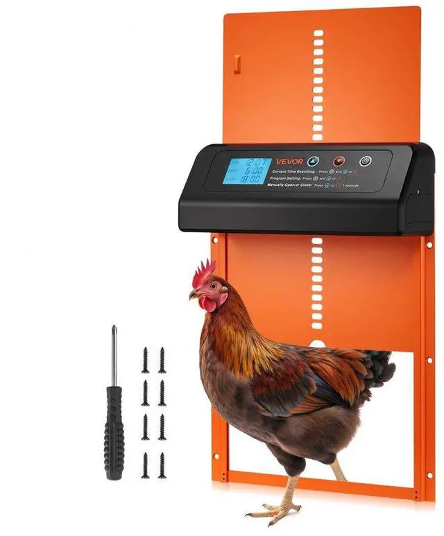 Main image of VEVOR Automatic Chicken Coop Door, Battery Powered Chicken Coop Door with Timer & Manual Setting, Anti-Pinch Security, Durable Aluminum Alloy, Chick Run Gate Opener with Waterproof Sealing, Orange