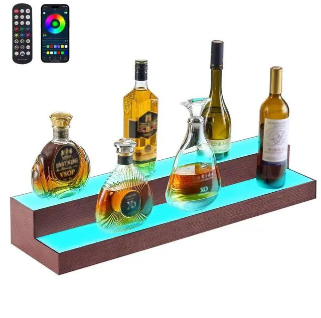 Main image of VEVOR LED Lighted Liquor Bottle Display, 2-Tier 30-Inch Whiskey Rack, Support USB, Illuminated Home Bar Shelf with RF Remote & App Control, 7 Static Colors, Acrylic+ Wood Lighted Shelf for 15 Bottles