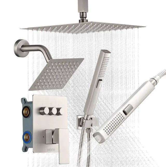 Main image of VEVOR Shower Faucet Set, 10 Inch Ceiling Mount Rainfall Shower System with 6 Inch Wall Mount Head and 2 in 1 Handheld Spray, Rotatable 3-Function Dual Rain Head Brass Valve & Trim Kit, Brushed Nickel