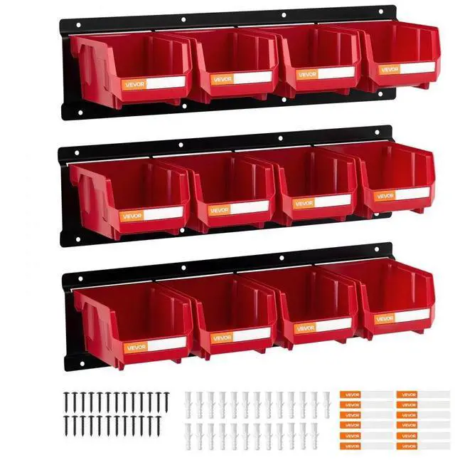 Main image of VEVOR Wall Mounted Storage Bins, 12 Plastic Bins & 3 Metal Rails, Plastic Hanging Stackable Storage Bin for Screws, Nuts, Bolts, Nails, Hardware Tool Organizer for Workshop, Craft Room, Garage, Red
