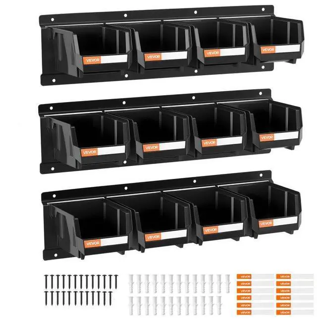Main image of VEVOR Wall Mounted Storage Bins, 12 Plastic Bins & 3 Metal Rails, Plastic Hanging Stackable Storage Bin for Screws, Nuts, Bolts, Nails, Hardware Tool Organizer for Workshop, Craft Room, Garage, Black