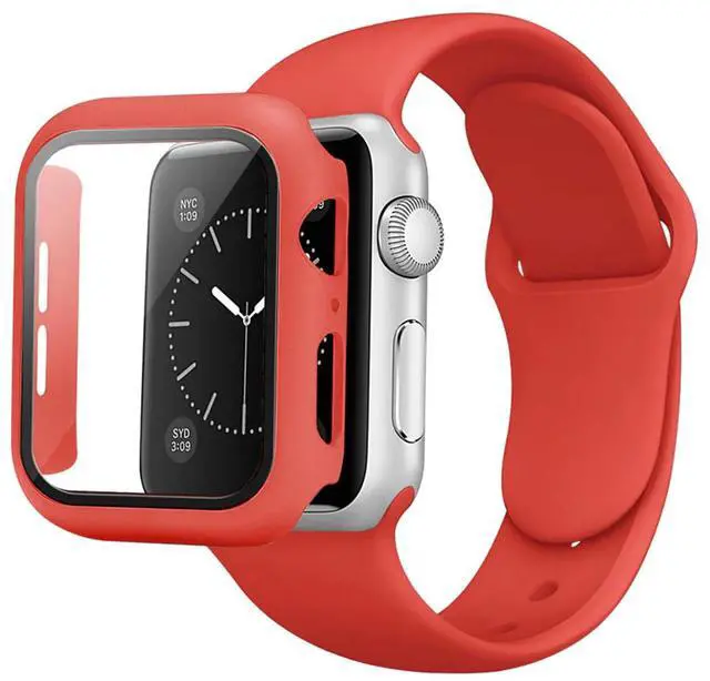 Main image of Red Color PC Watch Case With Glass Screen Protector and Silicone Watch Band for Apple Watch 41mm