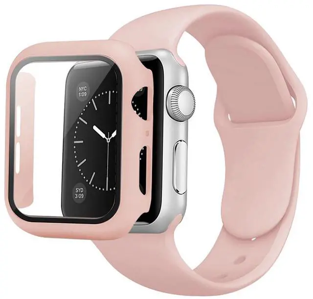 Main image of Pink Color PC Watch Case With Glass Screen Protector and Silicone Watch Band for Apple Watch 41mm