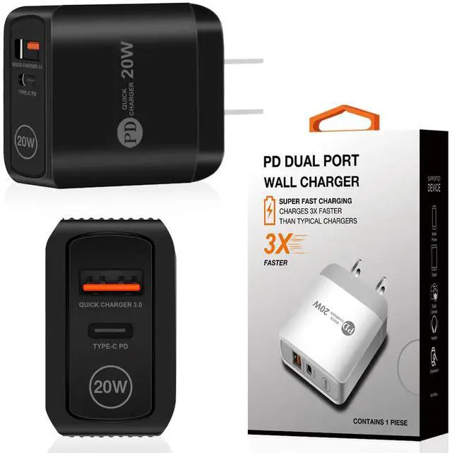 Main image of 20W Power Delivery Travel Wall Charger Adapter with Dual Ports of USB and Type-C In Black