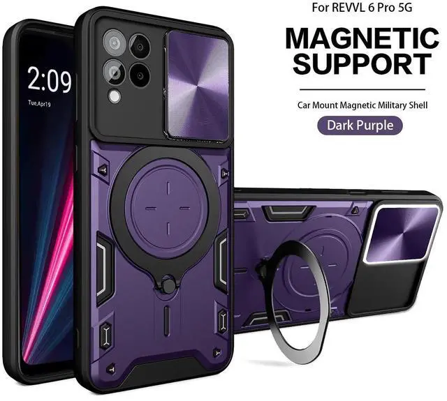 Main image of TPU PC Shockproof Magnetic Phone Case with Free Adjustment Ring Holder for REVVL 6 PRO 5G in Purple