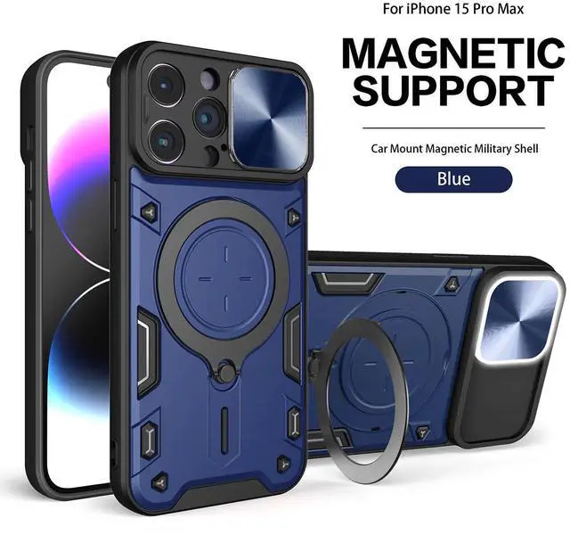 Main image of TPU PC Shockproof Magnetic Phone Case with Free Adjustment Ring Holder for IPHONE 15 PRO MAX in Blue