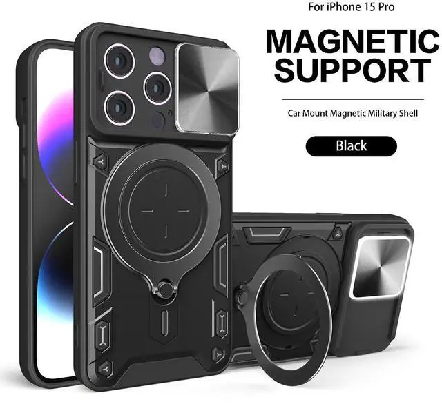 Main image of TPU PC Shockproof Magnetic Phone Case with Free Adjustment Ring Holder for IPHONE 15 PRO in Black
