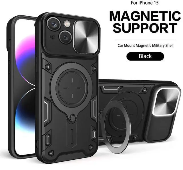 Main image of TPU PC Shockproof Magnetic Phone Case with Free Adjustment Ring Holder for IPHONE 15 in Black