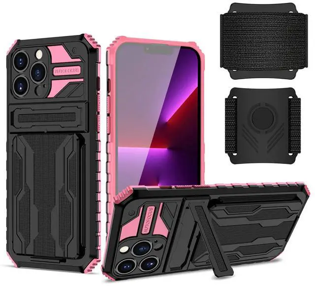 Alt view image 2 of 2 - High Elastic Plastic iPhone 13 Pro Case with Kickstand, Sports Mobile Wristband and Card Slot In Pink