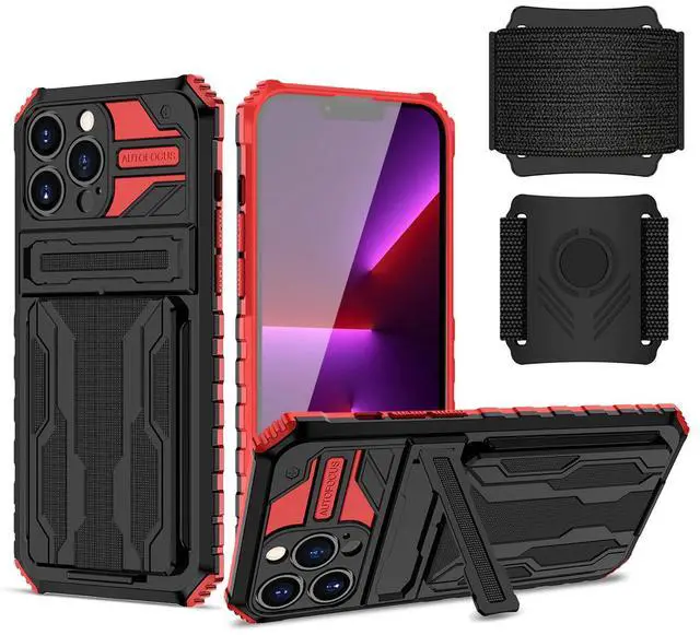 Main image of High Elastic Plastic iPhone 13 Pro Case with Kickstand, Sports Mobile Wristband and Card Slot In Red