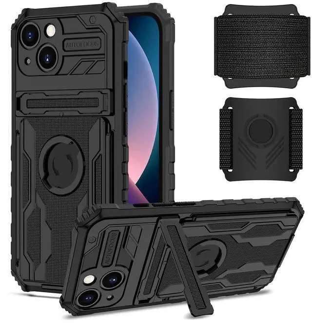 Main image of High Elastic Plastic iPhone 13 Case with Kickstand, Sports Mobile Wristband and Card Slot In Black