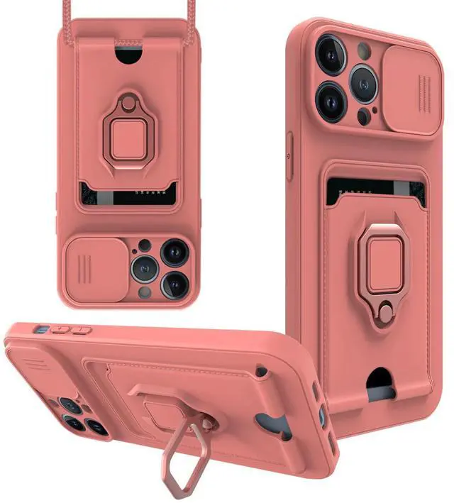 Main image of High Quality iPhone 13 Pro Case with Camera cover, Kickstand, Slide lens protection, Magnetic ring stand, Crossbody strap and Card holder In Pink