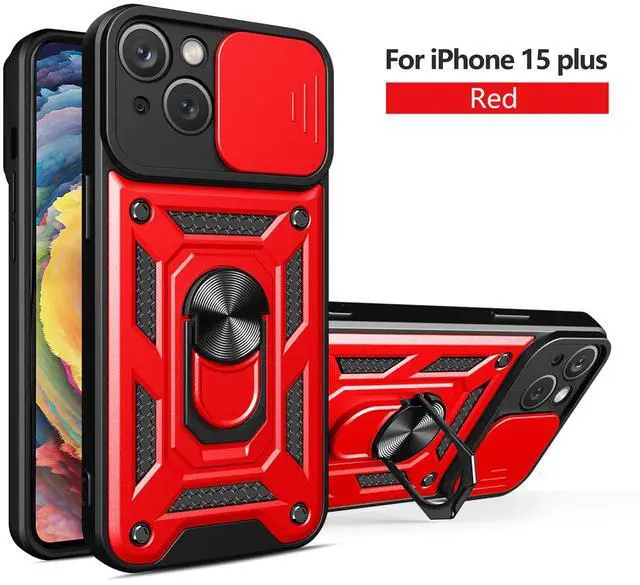 Main image of Kickstand Ring Holder with Slide Camera Cover TPU Magnetic Car Mount for APPLE IPHONE 15 PLUS In Red