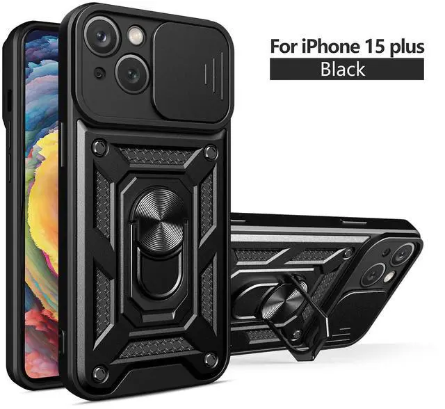 Main image of Kickstand Ring Holder with Slide Camera Cover TPU Magnetic Car Mount for APPLE IPHONE 15 PLUS In Black