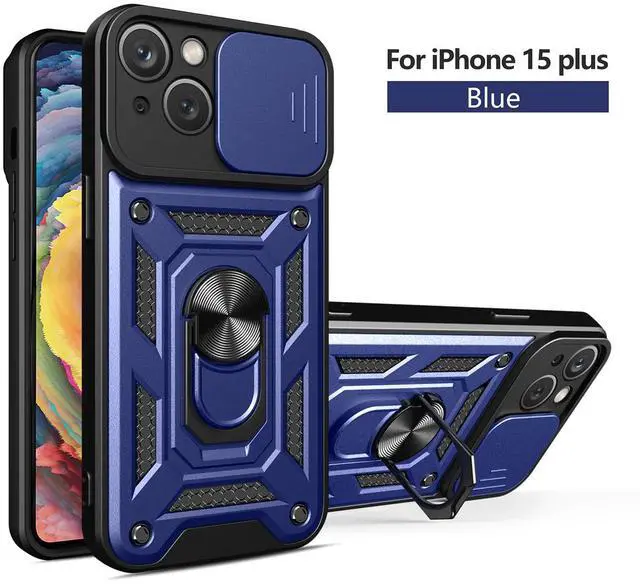 Main image of Kickstand Ring Holder with Slide Camera Cover TPU Magnetic Car Mount for APPLE IPHONE 15 PLUS In Blue