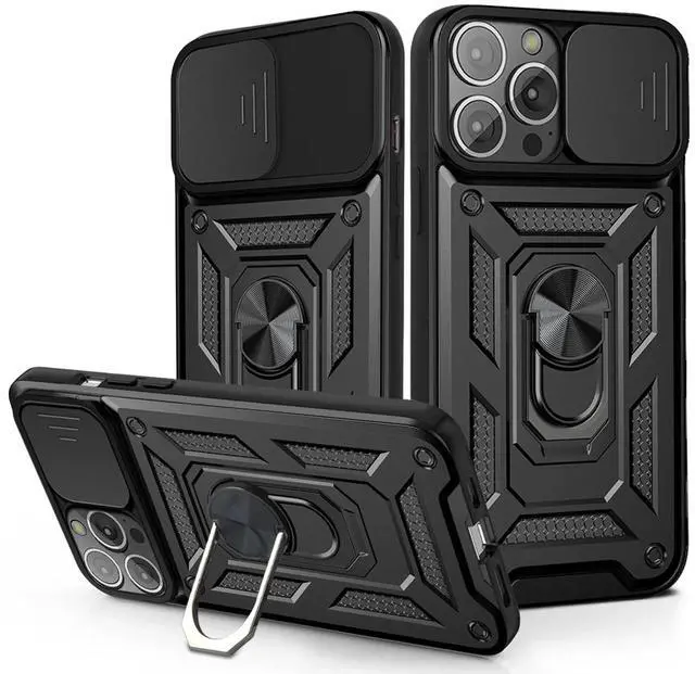 Main image of Kickstand Ring Holder & Slide Camera Cover Magnetic Car Mount for APPLE IPHONE 13 PRO In Black