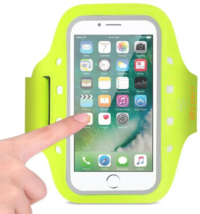 Main image of REIKO RUNNING SPORTS ARMBAND FOR IPHONE 7/ 6/ 6S OR 5 INCHES DEVICE WITH LED IN GREEN (5x5 INCHES)