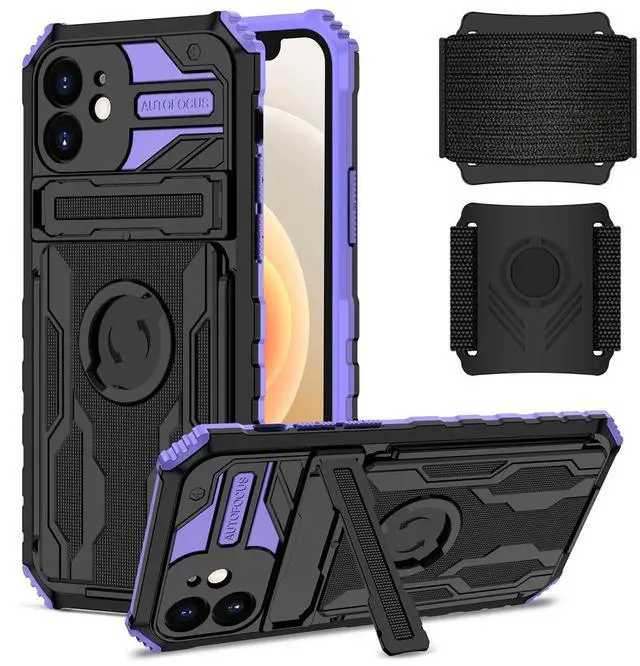Main image of High Elastic Plastic iPhone 12 Case with Kickstand, Sports Mobile Wristband and Card Slot In Purple