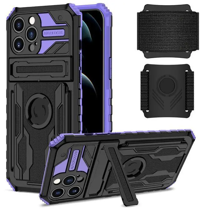 Main image of High Elastic Plastic iPhone 12 Max Case with Kickstand, Sports Mobile Wristband and Card Slot In Purple