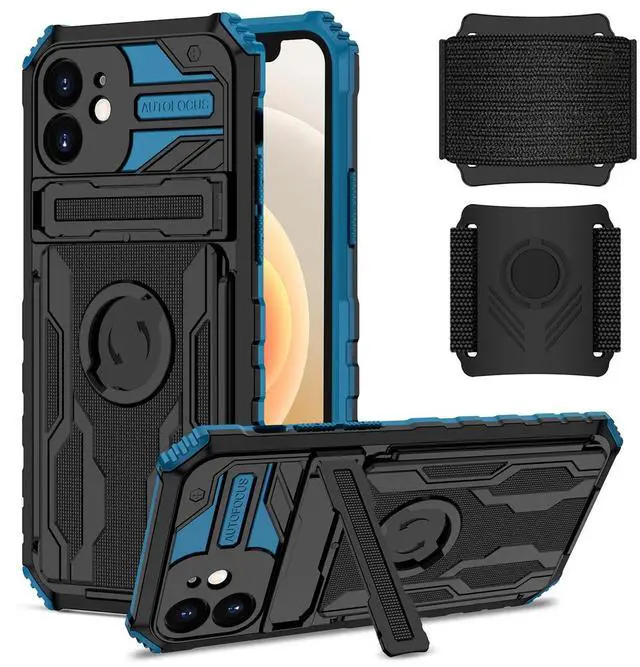 Main image of High Elastic Plastic iPhone 12 Case with Kickstand, Sports Mobile Wristband and Card Slot In Blue