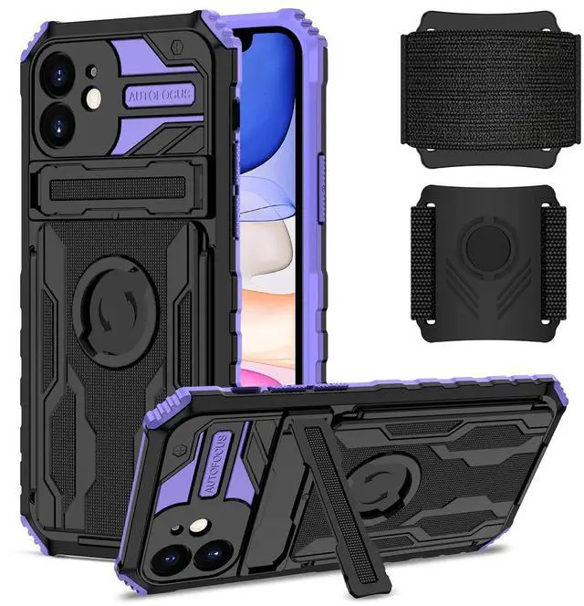 Main image of High Elastic Plastic iPhone 11 Case with Kickstand, Sports Mobile Wristband and Card Slot In Purple