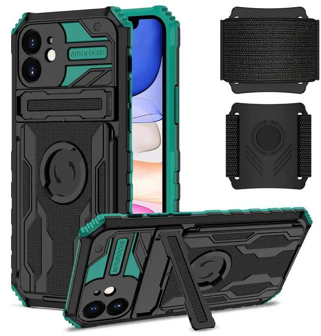 Main image of High Elastic Plastic iPhone 11 Case with Kickstand, Sports Mobile Wristband and Card Slot In Green