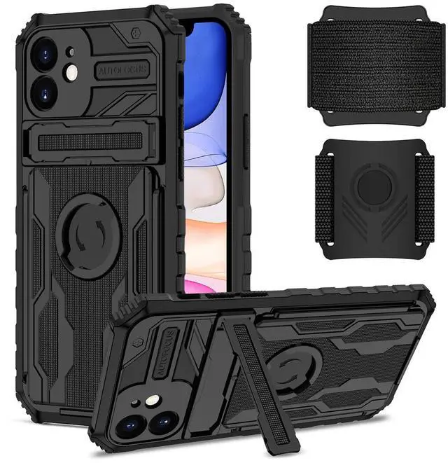 Main image of High Elastic Plastic iPhone 11 Case with Kickstand, Sports Mobile Wristband and Card Slot In Black