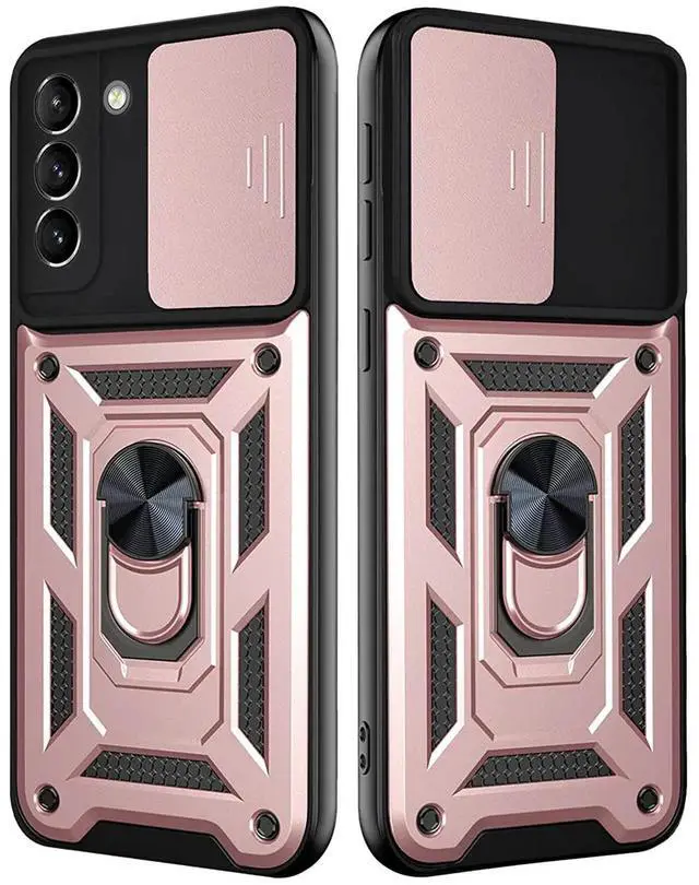 Main image of Kickstand Ring Holder with Slide Camera Cover TPU Shockproof Case and Magnetic Car Mount for SAMSUNG GALAXY S21 FE In Rose Gold