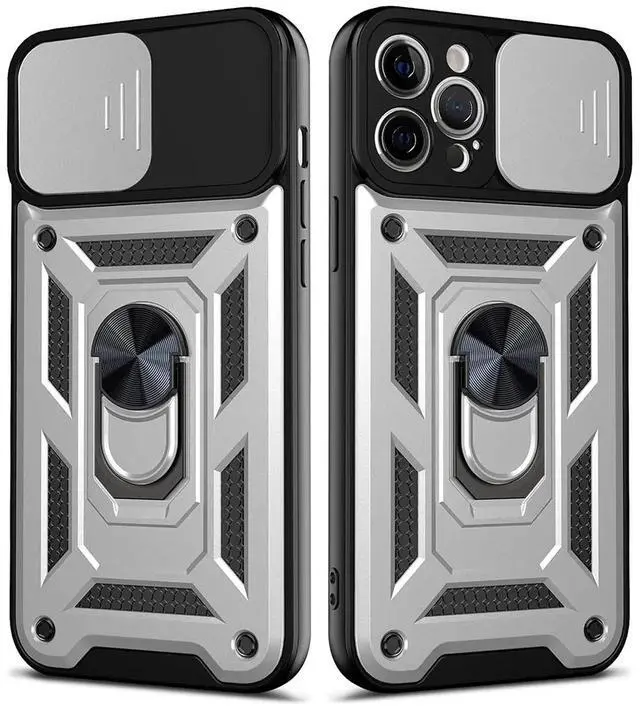 Main image of Kickstand Ring Holder with Slide Camera Cover TPU Shockproof Case and Magnetic Car Mount for APPLE IPHONE 12/IPHONE 12 PRO In Silver