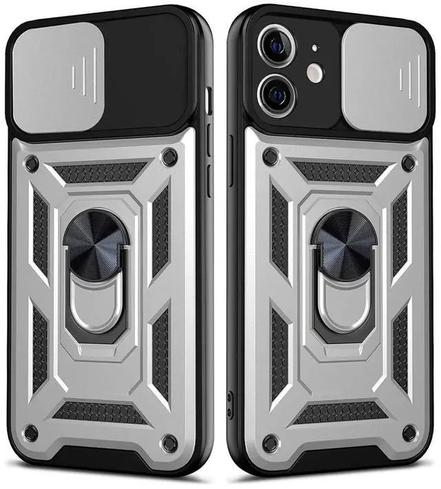 Main image of Kickstand Ring Holder with Slide Camera Cover TPU Shockproof Case and Magnetic Car Mount for APPLE IPHONE 12/IPHONE 12 PRO In Silver