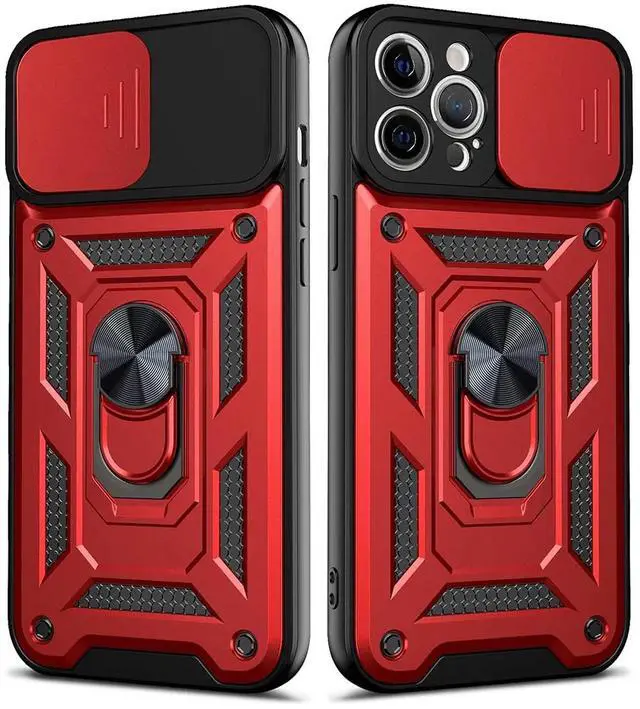 Main image of Kickstand Ring Holder with Slide Camera Cover TPU Shockproof Case and Magnetic Car Mount for APPLE IPHONE 12 PRO MAX In Red
