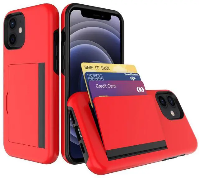 Main image of TPU PC Hybrid 2-in-1 Flip Card Holder Phone Case for Apple iPhone 12 Mini In Red