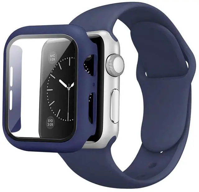 Main image of Navy  Color PC Watch Case With Glass Screen Protector and Silicone Watch Band for Apple Watch 38mm
