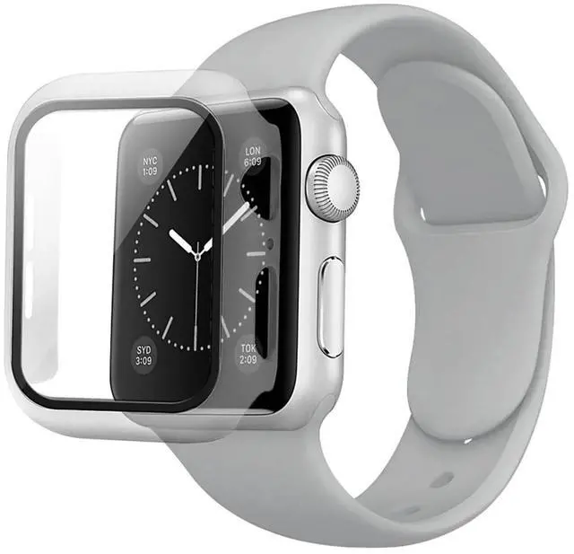 Main image of Gray Color PC Watch Case With Glass Screen Protector and Silicone Watch Band for Apple Watch 38mm