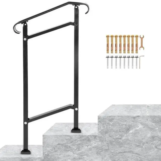 Main image of VEVOR Outdoor Stair Railing, Fit 1 or 2 Steps Wrought Iron Handrail, Adjustable Front Porch Hand Railings, Black Transitional Hand Rail for Concrete Steps or Wooden Stairs with Installation Kit